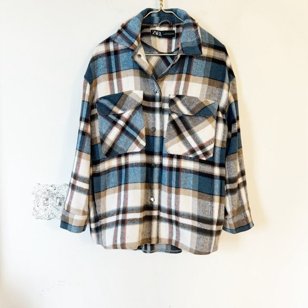 Zara Blue and Brown Plaid Fleece Roll Tab Sleeve Shacket Shirt Jacket M
